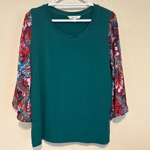 The Pioneer Woman Green Blouse Floral Bell Flared Sleeves Mixed Media Top Size M